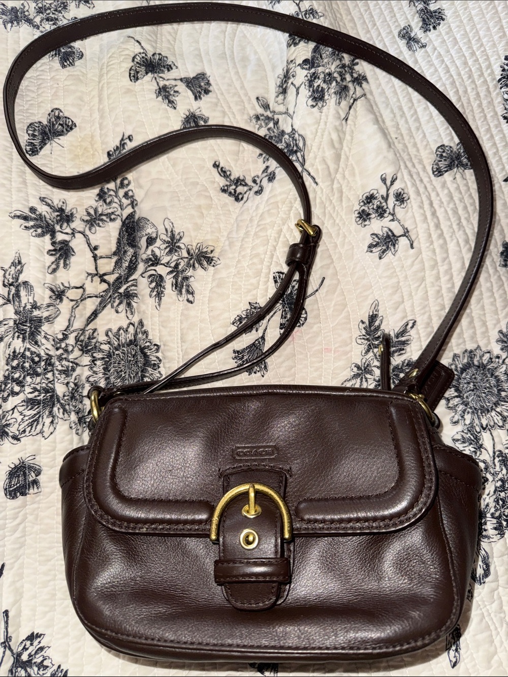 Coach crossbody camera style bag chocolate leather side pockets